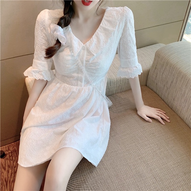 Váy trắng nữ cổ V ulazang - hàng cao cấp kèm video ảnh thật