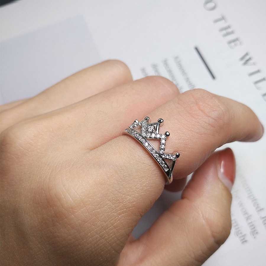 Nhẫn cưới thép titan mạ bạc kiểu vương miện đính đá thời trang thanh lịch dành cho nữ