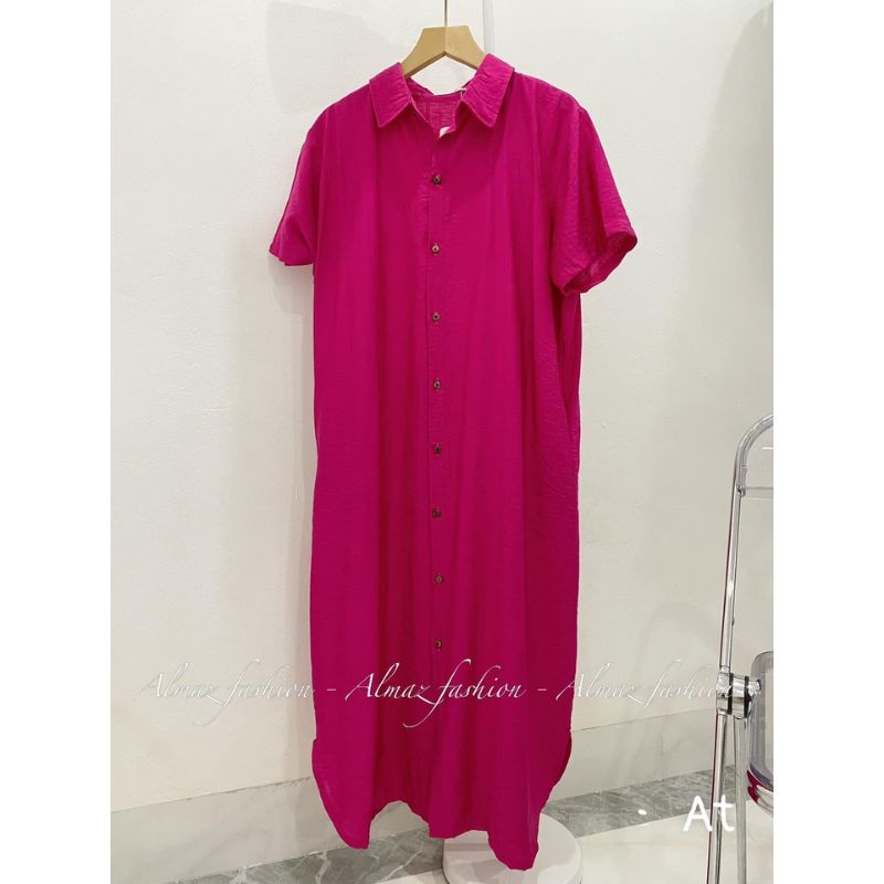 Đầm Dài Maxi Dáng Suông Váy Sơ Mi Đũi Hồng Sen Form Rộng Thời Trang BEBEDOLL