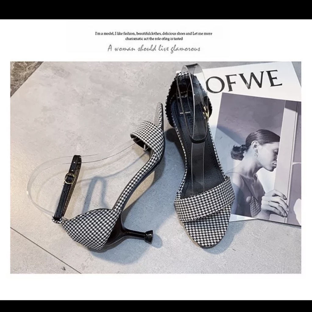 Sandal giày cao gót nhọn 7p quai ngang caro