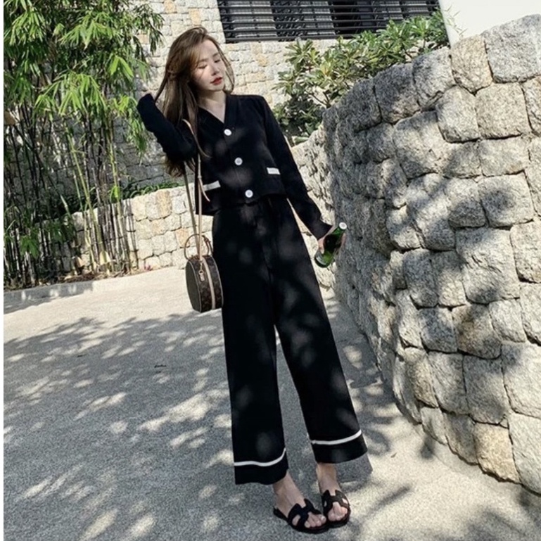 Set len mí viền túi mix quần ống rộng đồ bộ nữ thu đông