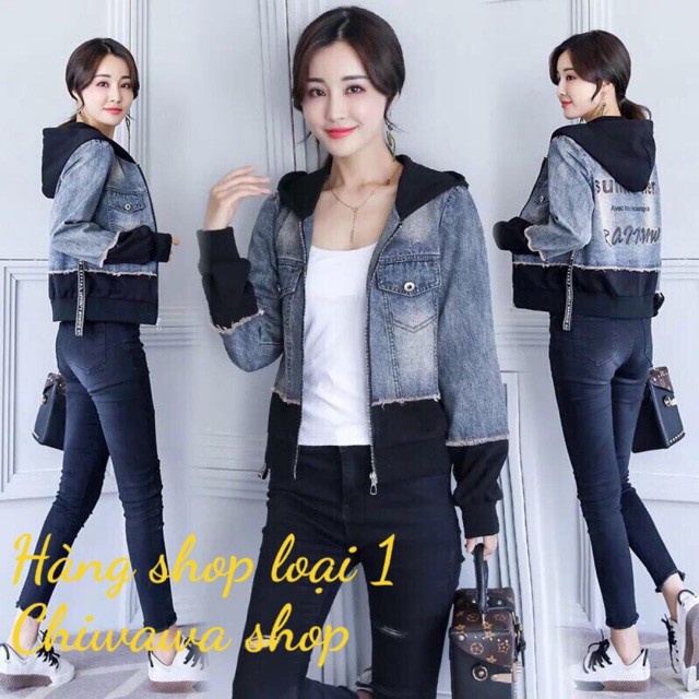 Áo khoác jean nữ xám đen có mũ sau đính nỉ in nổi - Hàng shop cao cấp freesize dưới 58Kg BB098 - HÀNG MỚI VỀ