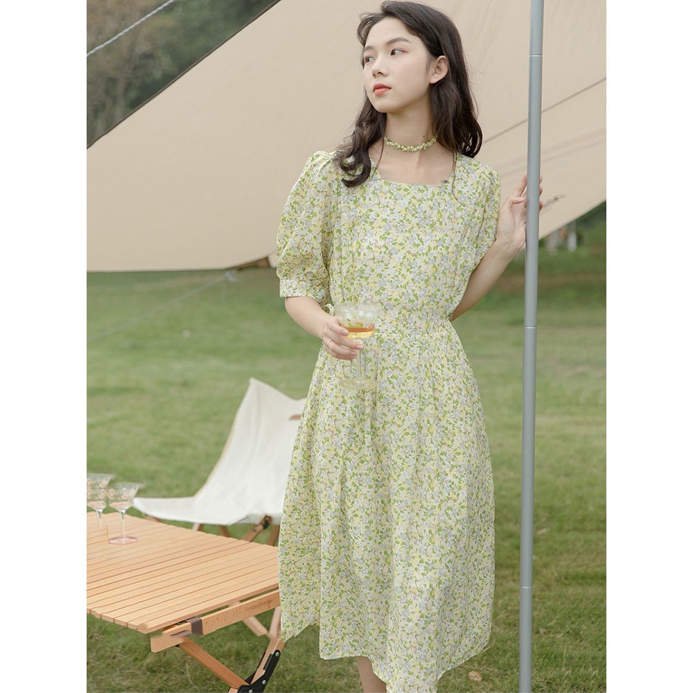 Đầm Voan Hoa Nhỏ Thắt Dây Eo Màu Vàng Thời Trang Mùa Hè Hàng Mới 2022