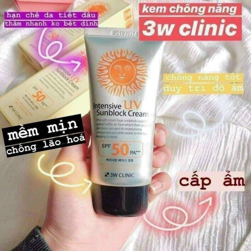 Kem chống nắng #3WCLINIC Intensive UV Sunblock Cream SPF 50 + Pa+++ 70 ml