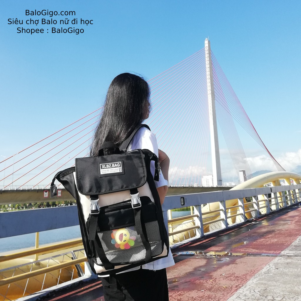 Balo nữ đi học vải chống thấm chứa lap tới 15.6 icnh {kèm hoa mặt cười y hình} G269 - BaloGigo