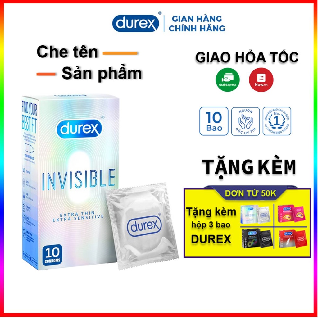 Bao cao su siêu mỏng durex invisible 10 bao nhiều gel, bao cao su cao cấp cho gia đình, nam nữ tăng cường gel bôi trơn.