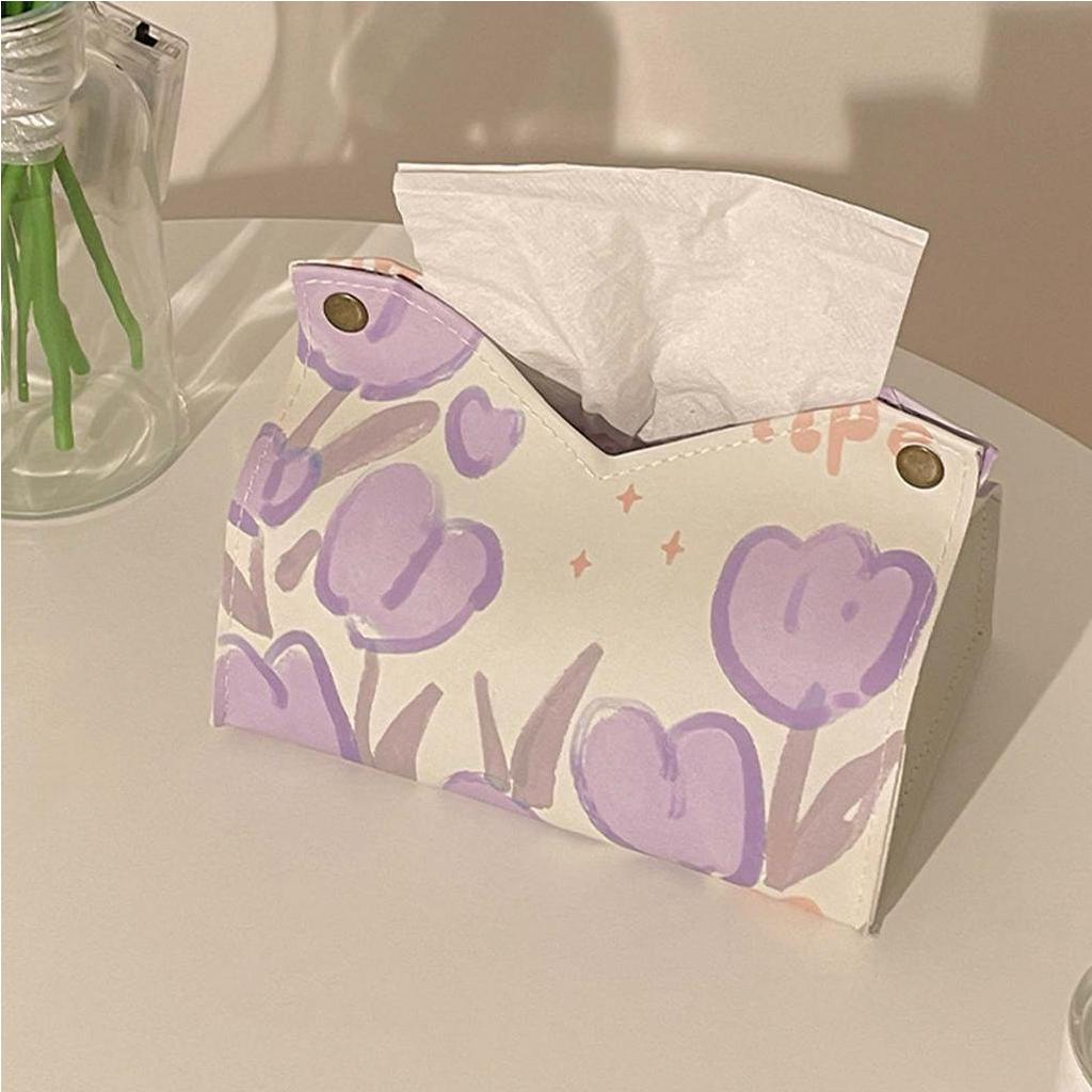 [Hàng Sẵn] Hộp Đựng Khăn Giấy Da PU Hoa Tulip Dễ Thương Trang Trí Phòng Ngủ Phòng Khách Xe Ô Tô【Tennessee052】