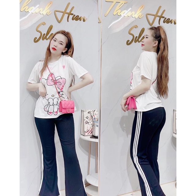 Set đồ bộ thun nữ quần dài loe áo in hình Hello Kitty siêu xinh