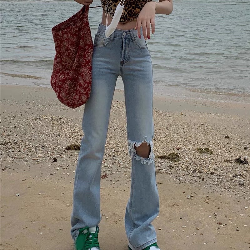 (ODER) Quần jeans ống loe rách gối phong cách cá tính