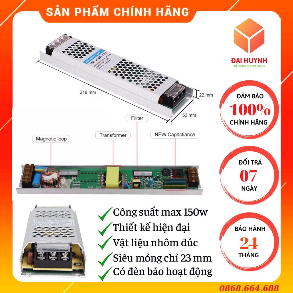 Bộ Đổi Nguồn 12V 150W Nhôm Tản Nhiệt Siêu Dày, Có Đèn Báo Nguồn Dùng Cho Dây LED Nội Thất