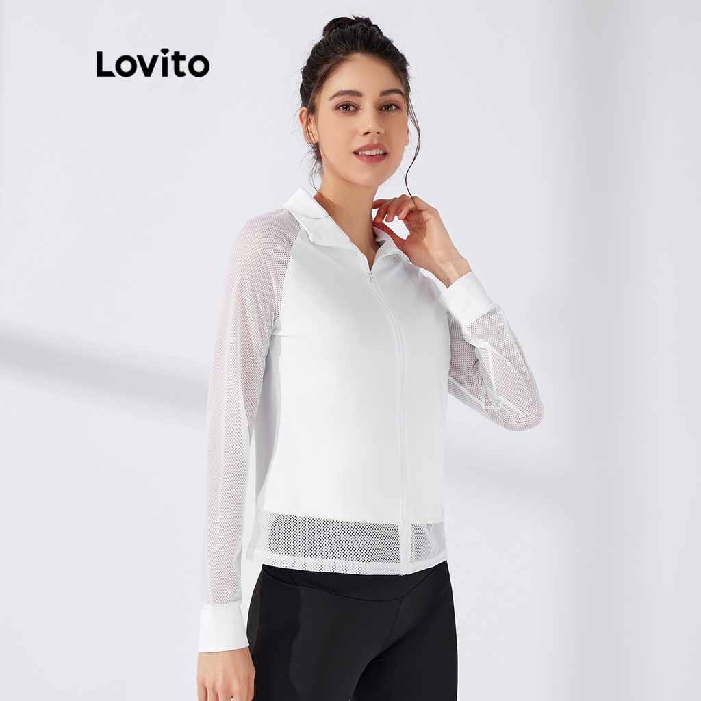 Áo khoác thể thao Lovito màu trơn vải lưới tương phản tay áo không nối vai dây kéo L23AD022 (màu trắng) thumbnail
