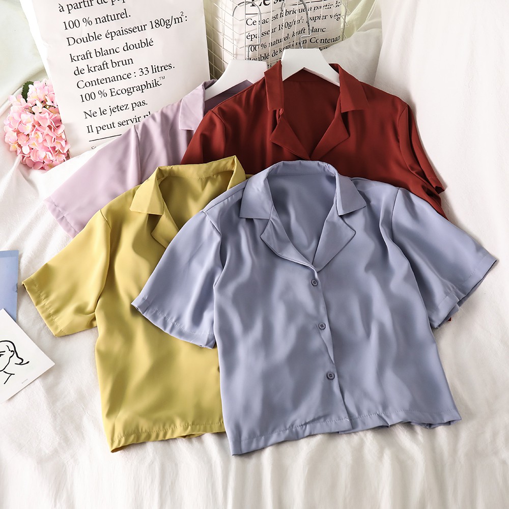 NUZIRO  Áo Sơ Mi Tay Ngắn Chất Chiffon Phong Cách Hồng Kông Ngọt Ngào