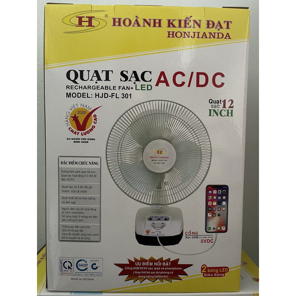 Quạt sạc tích điện Honjianda 2 bình FL 301, có đèn led và cổng sạc USB (chính Hãng)
