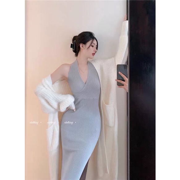 Đầm cổ yếm chất len dệt kim, đầm body xẻ tà cổ V