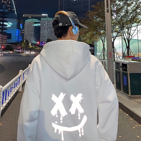 Áo Hoodie Nỉ Tay Dài Dáng Rộng In X_X Hình Mặt Cười Phản Quang Thời Trang Hàn Quốc Cho Cặp Đôi Size M-8XL