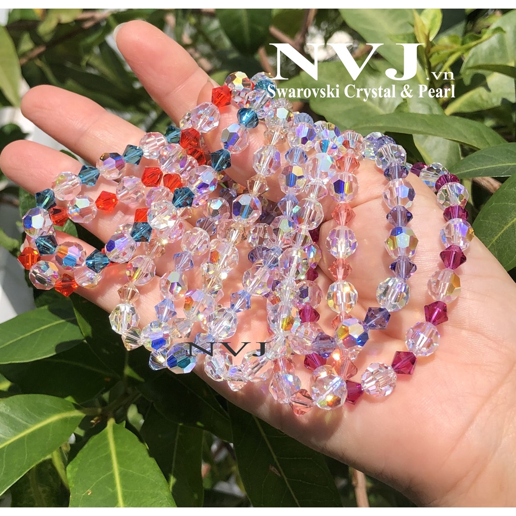 Pha lê Áo Swarovski cao cấp chính hãng - Vòng tay hạt tròn 8ly & nón 6ly nhiều màu tùy chọn, khóa tròn bạc 925