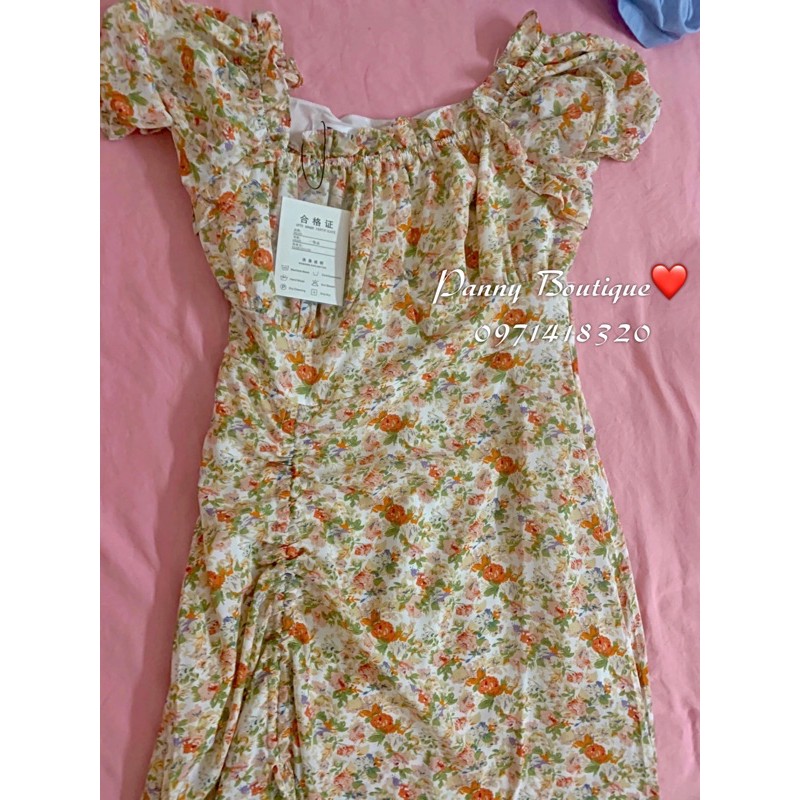 [Order có ảnh thật](Sẵn dài sizeS,M) Đầm váy cổ vuông tay phồng hoa hồng cam đào 🍑, style Hàn Quốc 🌻 Panny Boutique 🌻