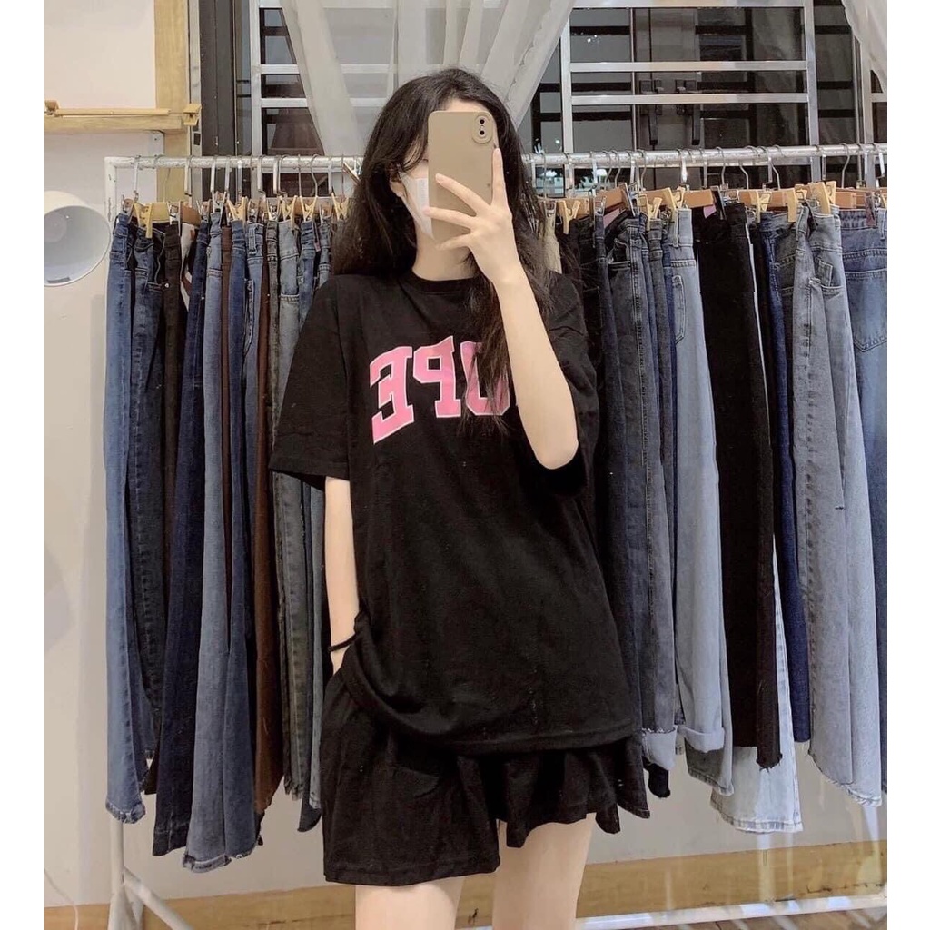 Set thun áo tay lỡ kèm quần đùi cộc HOPE nữ - Bộ áo phông form rộng cộc tay mix quần short suông trơn, style Ulzzang