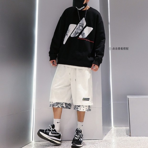 Thời trang Phong cách Hip Hop Đàn ông Đường phố Quần short giả hai nút màu đen và trắng