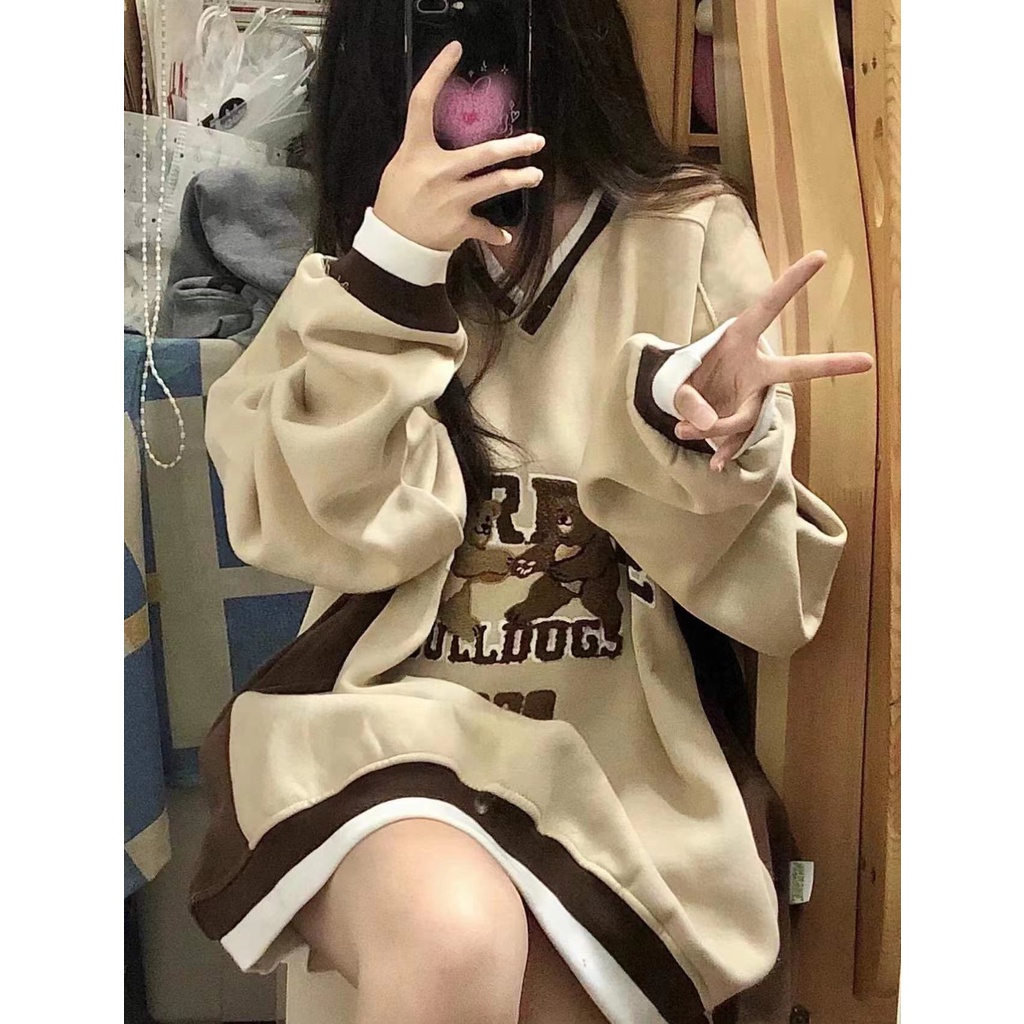 Áo sweater nữ form rộng cổ tim 2022, áo nỉ sweater màu be