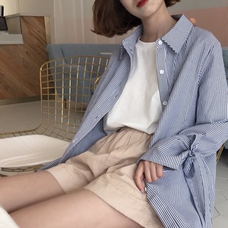 Sơmi kẻ xanh tay nơ