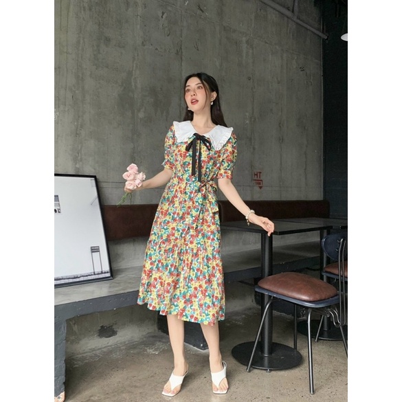 Đầm hoa công sở cổ tim trắng bầu mặc được Julie BT086