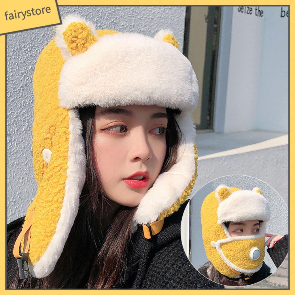 (Hàng Mới Về) Mũ Trùm Đầu Phủ Lông Cừu Phối Khẩu Trang Có Van Thở Tiện Dụng