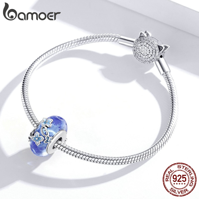 Hạt Cườm Bamoer BSC390 Bằng Bạc 925 / Thủy Tinh Màu Xanh Dương Họa Tiết Hoa Để Làm Vòng Tay Cho Nữ