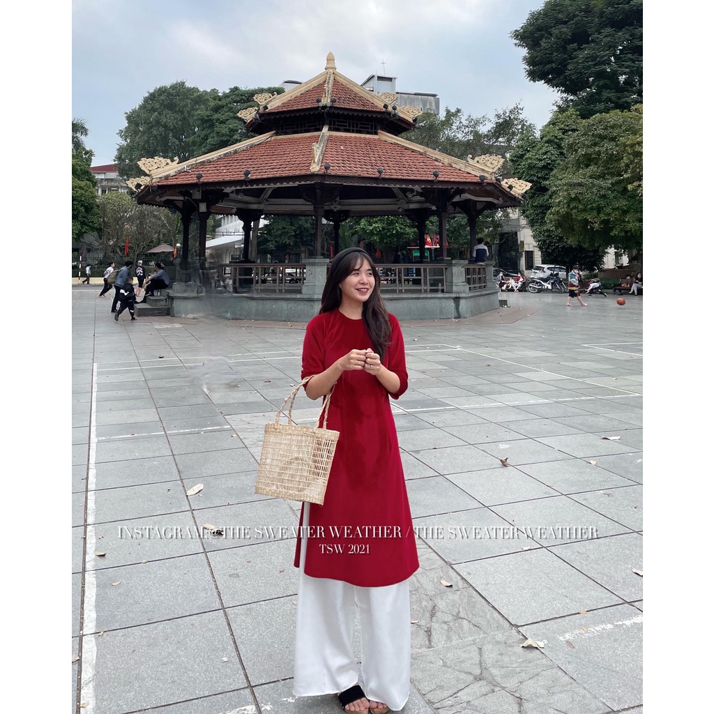 (Ảnh thật) Set áo dài nhung trơn vintage kèm quần suông lụa mềm 3 màu the.sweaterweather TSW