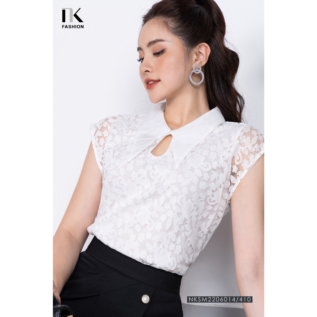 Áo Sơ Mi Ren Vai Chờm Cổ Kiểu NK FASHION Thiết Kế Ngắn Tay, Thanh Lịch, Sang Trọng NKSM2206014