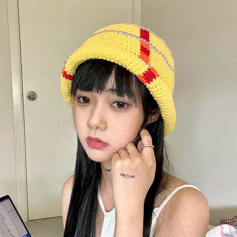 Mũ Bucket Dệt Kim Thủ Công Kẻ Sọc Ca Rô / Kẹo Ngọt Xinh Xắn Cho Nữ