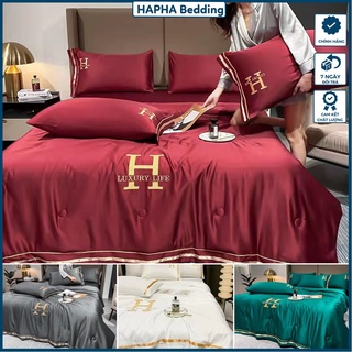 Bộ chăn ga gối lụa chữ H chăn trần bông, bộ ga giường lụa cao cấp 4 món phủ / chun, 1m 1m2 1m4 1m5 1m6 1m8 2mx2m 2m2
