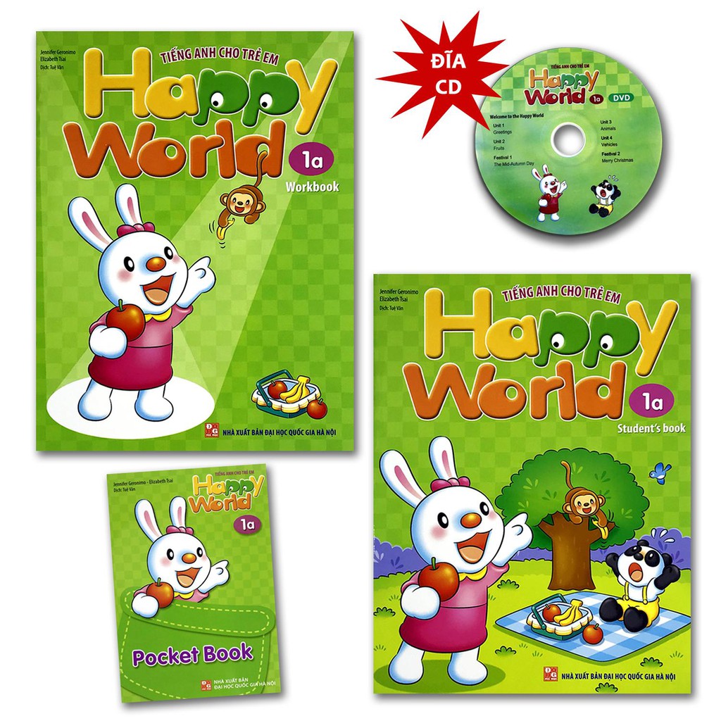 Sách - Tiếng Anh Cho Trẻ Em - Happy World - 1 (Bộ 2 quyển, 1 sổ tay, 1 đĩa DVD) (2 bộ, lẻ tùy chọn)