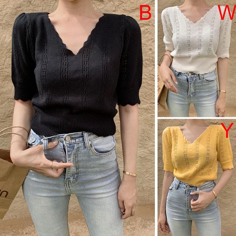 Áo dệt kim ngắn tay cổ chữ v thời trang mùa hè cho nữ