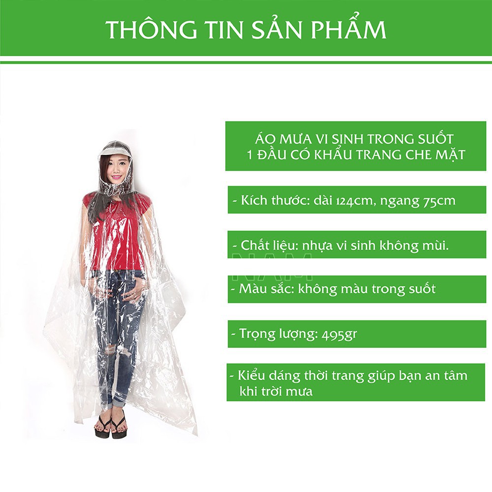 ÁO MƯA TRONG SUỐT CÓ KHẨU TRANG CHE MẶT  - Xuất xứ: Việt Nam  - Màu sắc: không màu trong suốt  - Chất liệu