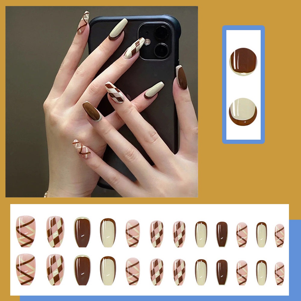[Hàng mới về] Hộp 24 móng tay dán trang trí chống thấm nước phong cách retro Hàn Quốc