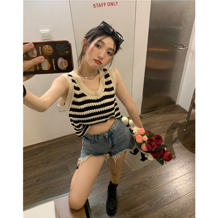 HUANG YOYO  Áo Dệt Kim Sát Nách Dáng Rộng Họa Tiết Kẻ Sọc Thời Trang Mùa Hè Phong Cách Hàn Quốc Cho Nữ