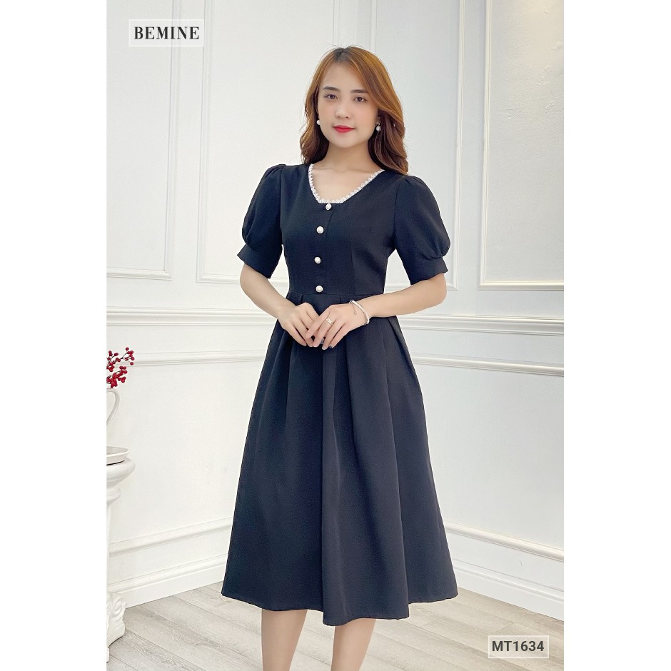 [Mã WABRWA15 giảm 15% đơn 300K] Đầm xòe đính nút cổ V phối ren BEMINE MT1634DEN | BigBuy360 - bigbuy360.vn