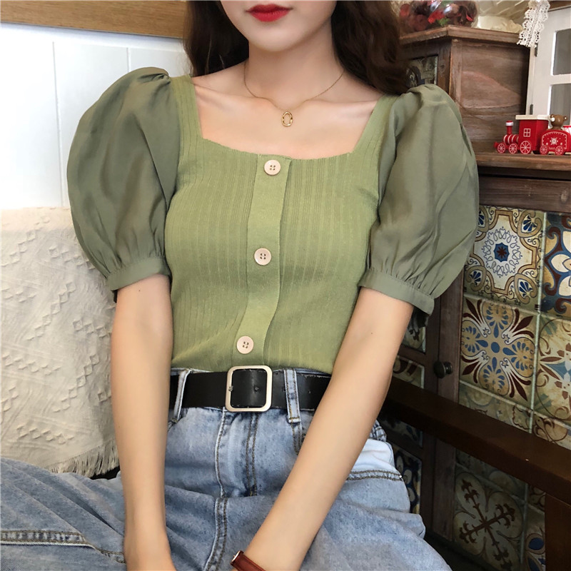 Áo croptop nữ tay ngắn bồng 2021, Áo kiểu nữ đẹp màu Đen Trắng Cổ Vuông Len Tăm Phối Cúc Sang Chảnh Thời Trang Hàn Quốc | BigBuy360 - bigbuy360.vn