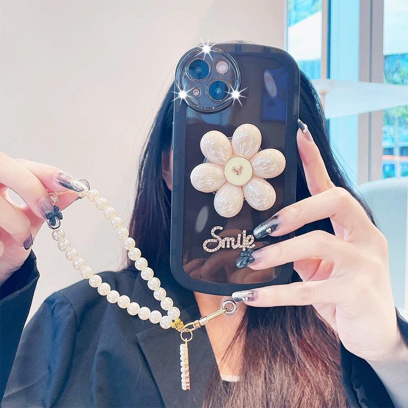 Ốp Điện Thoại Họa Tiết Hoa Đính Ngọc Trai Kèm Giá Đỡ Và Dây Đeo Cho iphone 15 14 13 12 11 pro max 7 8 plus x xs max xr se 202