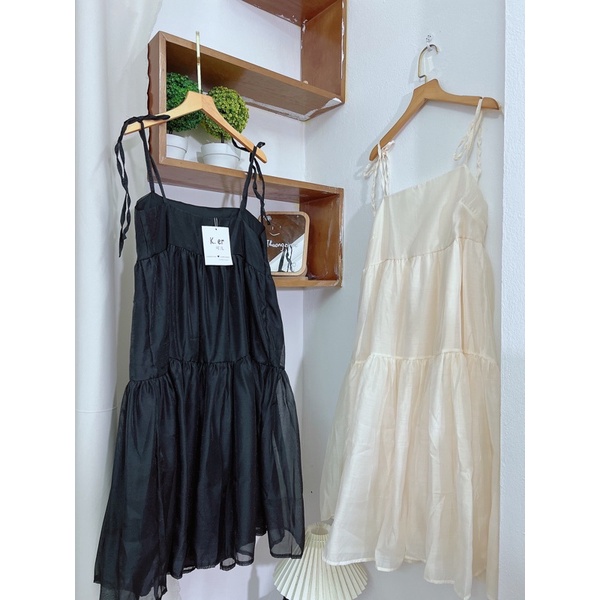 [Ảnh thật/Video]Váy hai dây dáng babydoll voan kính bồng bềnh có dây buộc nơ vai