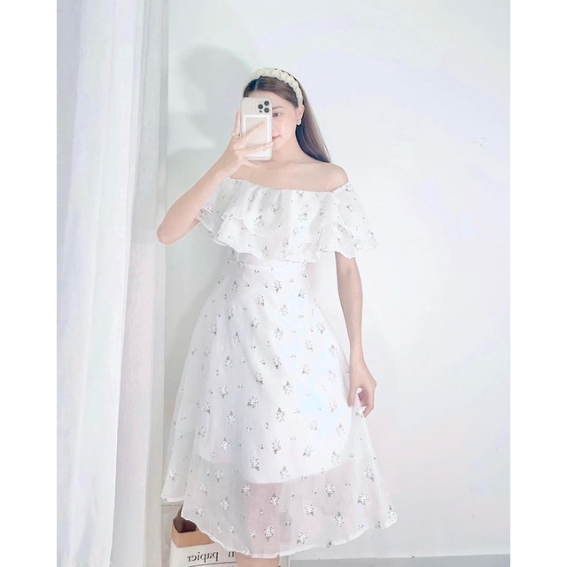 Đầm hoa trắng trễ vai (có bigsize)