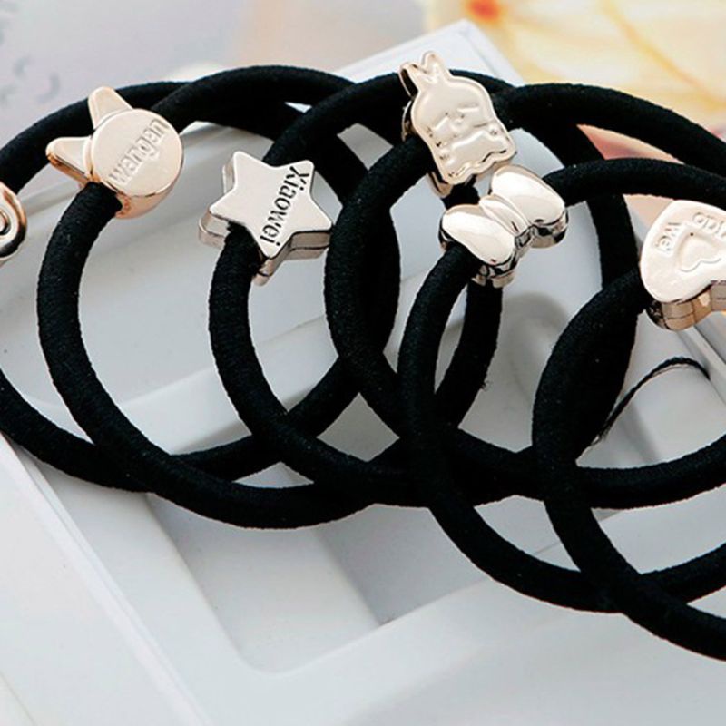 Set 10 Dây Cột Tóc Co Giãn Màu Đen / Vàng Kim Họa Tiết Hoạt Hình Phong Cách Hàn Quốc Cho Nữ