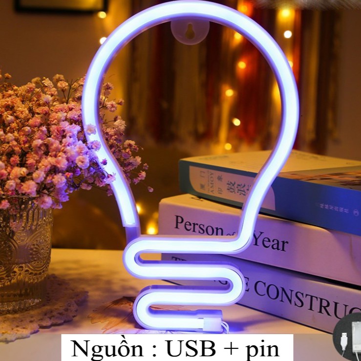 Đèn Led Neon trang trí hình bóng đèn sáng tạo dùng pin hoặc USB -Thích hợp decor phòng học, quán cafe, phòng ngủ