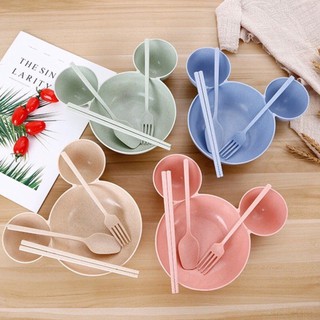 Bộ khay ăn dặm lúa mạch 4 chi tiết đủ thìa dĩa đũa cho bé