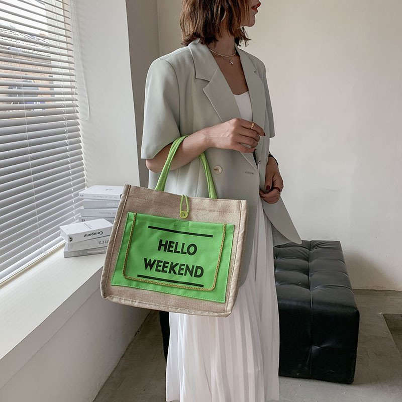 Túi cói vintage size to xách tay đi biển NỮ vải bố Hàn Quốc thời trang giá rẻ Herbagstore HELLO Weekend