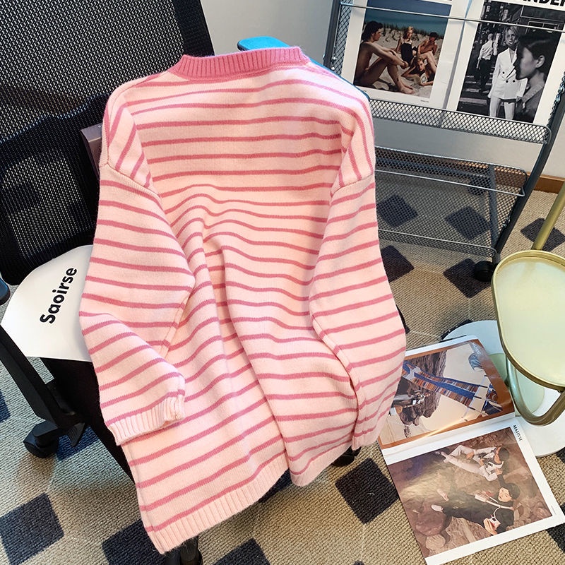 Áo Sweater Dệt Kim Cổ Tròn Dáng Rộng Xẻ Tà Kẻ Sọc Thời Trang Thu Đông Cho Nữ