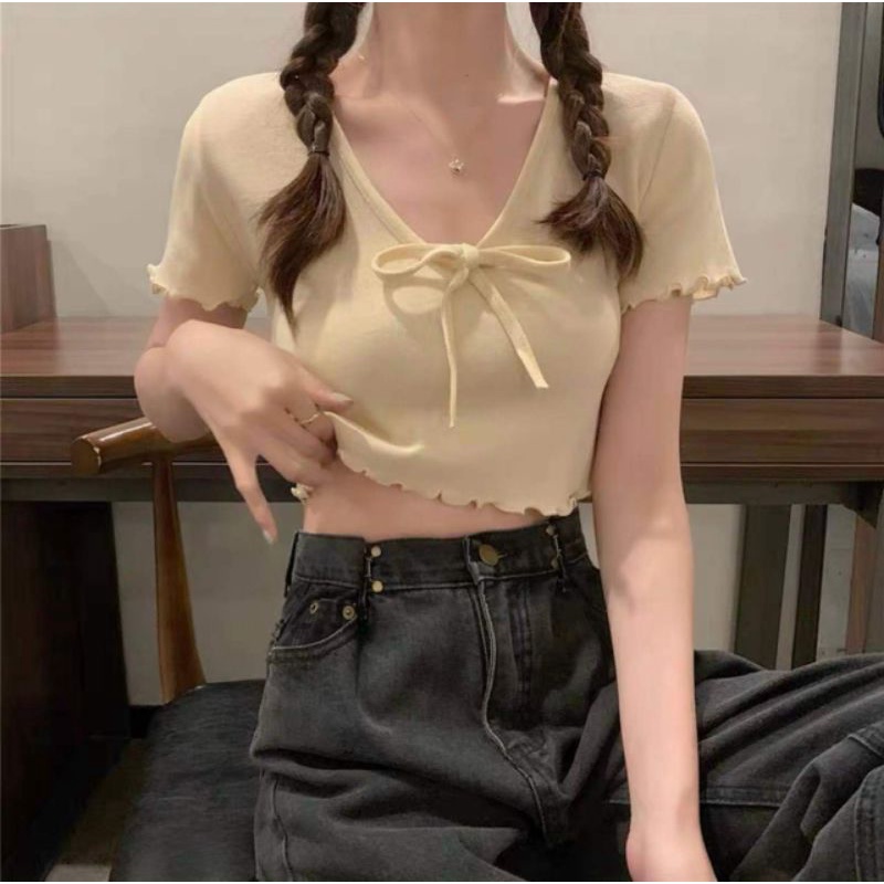 Áo croptop cổ V buộc nơ hàng QC