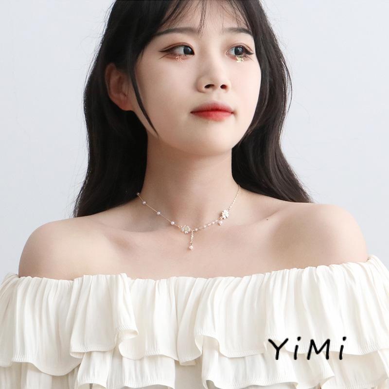 Vòng cổ xỏ phụ kiện ngọc trai mặt cười hoa cúc cá tính cổ điển phong cách hip hop