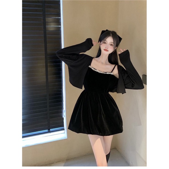 (ảnh thật ) Set váy nhung hai dây đính đá tiểu thư + áo khoác mỏng